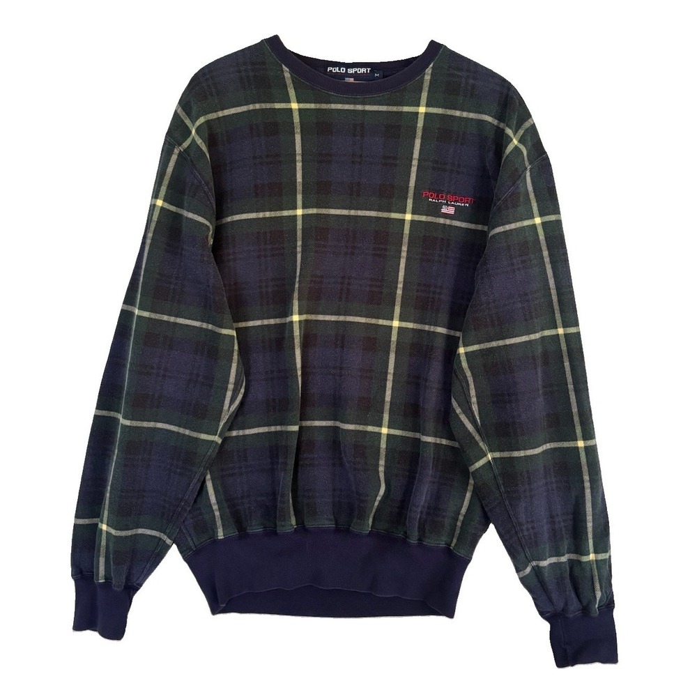 Vintage Polo Sport Ralph Lauren Men M Tartan Plaid Crewneck Sweatshirt USA Flag - Picture 2 of 7